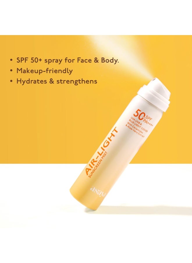 Asaya بخاخ واقي الشمس أسيا إير لايت بعامل حماية SPF 50 وPA++++، يحمي من أشعة UVA/UVB، غني بالسيراميدات وخلاصة الصبار | شفاف وغير دهني | واقي شمس سائل منعش ومرطب وسريع الامتصاص | لا يترك أي أثر أبيض | سهل إعادة التطبيق | خالي من الكحول | مناسب للبشرة الدهنية والجافة والمختلطة | للرجال والنساء | 75 مل - Image 2